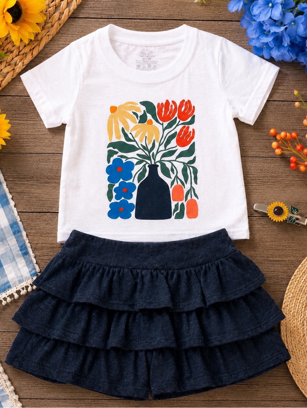 Floral Toddler Outfit | 2T/3T Graphic Tee + Garanimals 3T Skort + Hair Clip